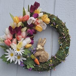 Handmade Spring Floral Easter Wreath with Bunny Moss Covered With Tulips Daisies
